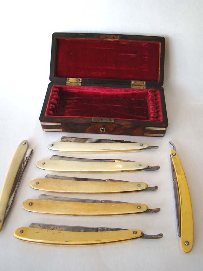 A fine cased set of seven straight edge razors with ivory and bone handles in a brass bound walnut box circa 1850 — image 6